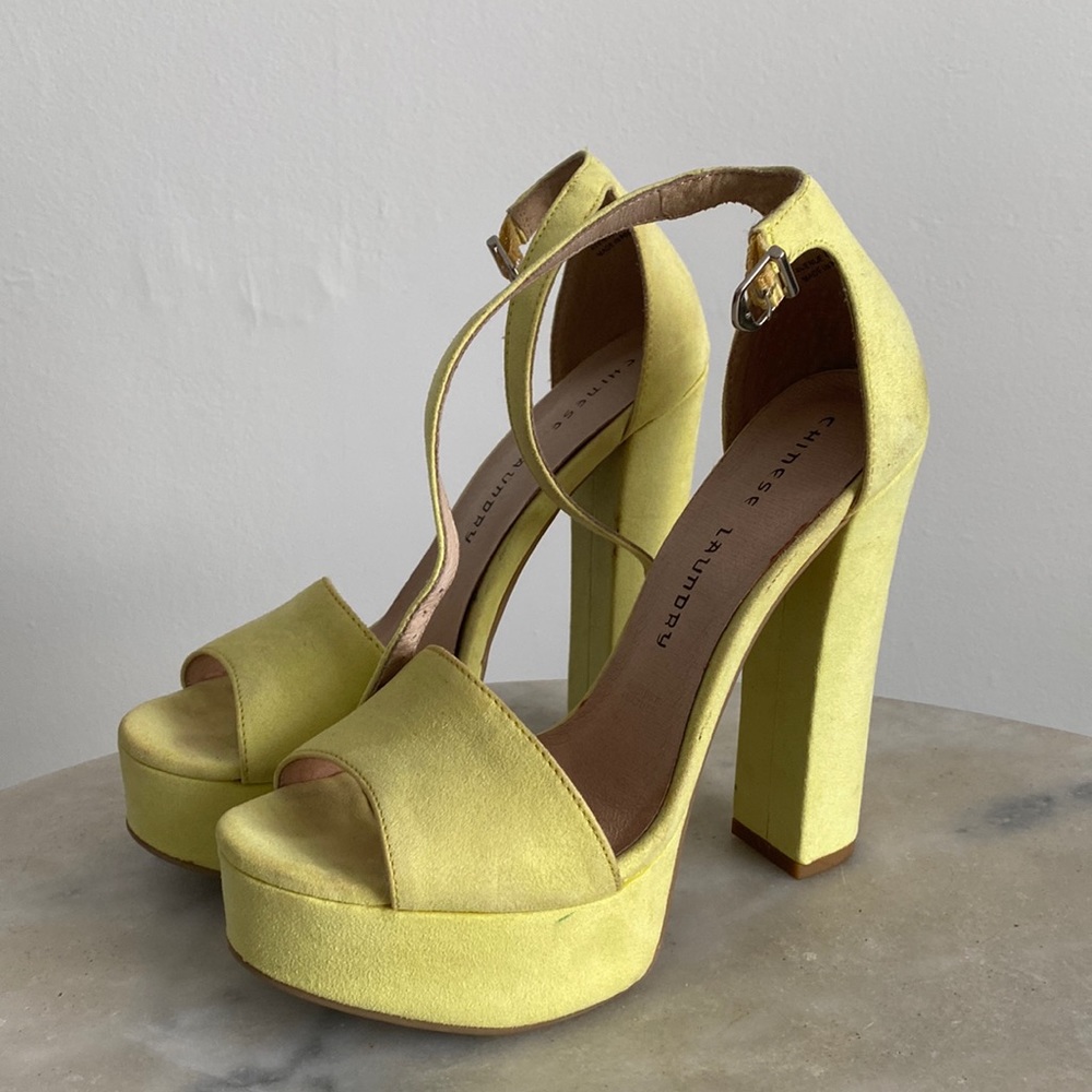 Disco 70s Suede Chartreuse Yellow Platform Chinese Laundry Sandals